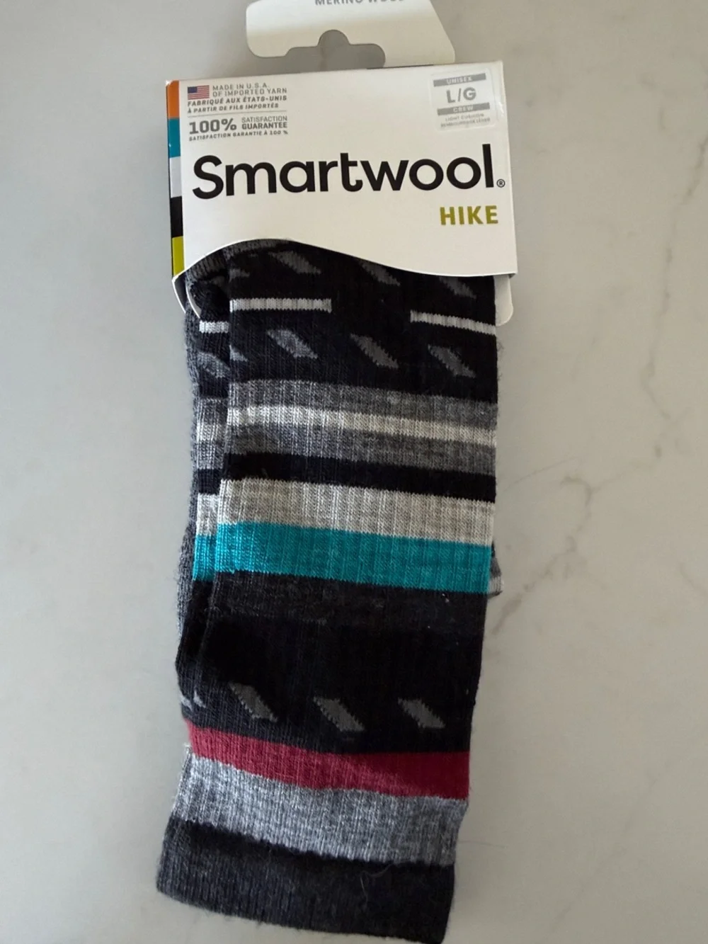 Smartwool Hike Unisex Crew Socks in Black, Teal & Gray with Maroon Accent